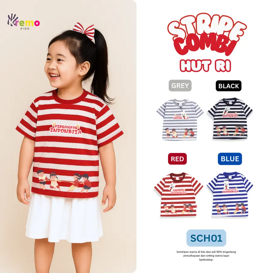 SCH01- Kaos Pendek Salur/Stripe Combi (HUT RI) [Varian: S / Black-White]