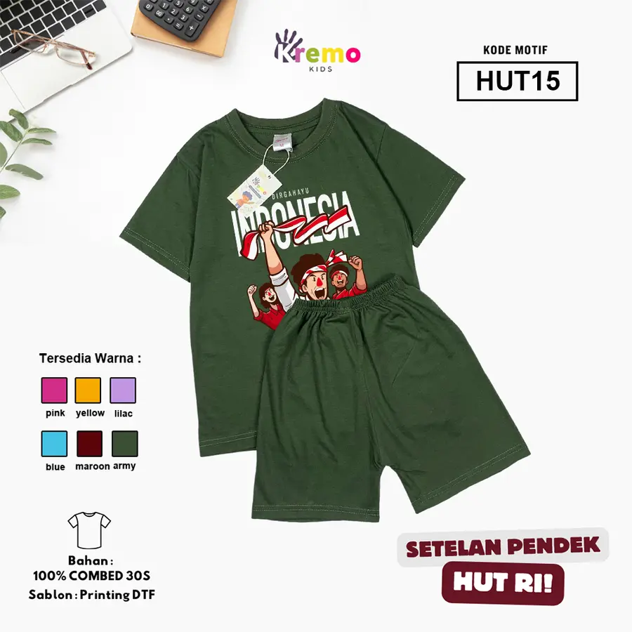 HUT15 - Setelan Kids Combed 30s Pendek [Varian: S (3-4 y) / Army]