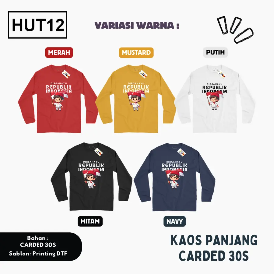 HUT12 - Kaos Kids/Junior Cotton 30s Panjang [Varian: S Kids (1-2 y) / Biru Turkish]