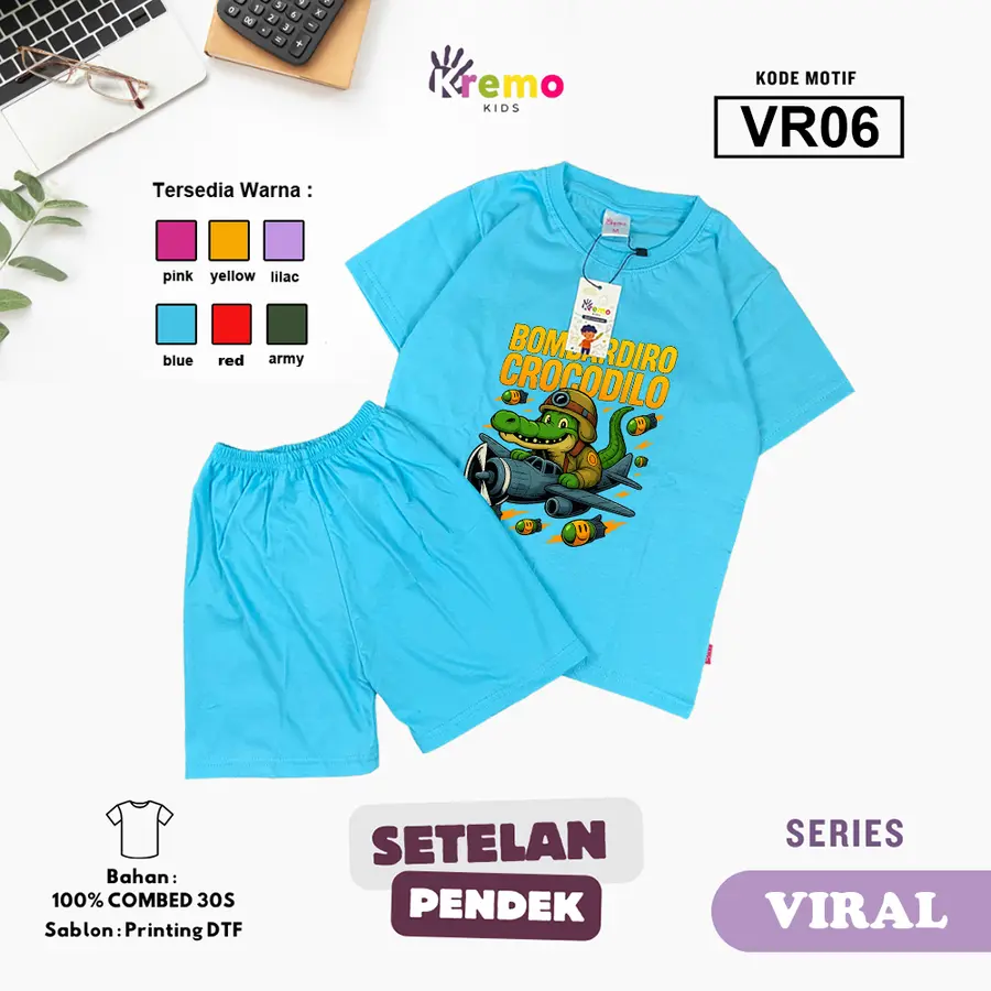 VR06 - Setelan Kids Combed 30s Pendek [Varian: S (3-4 y) / Army]