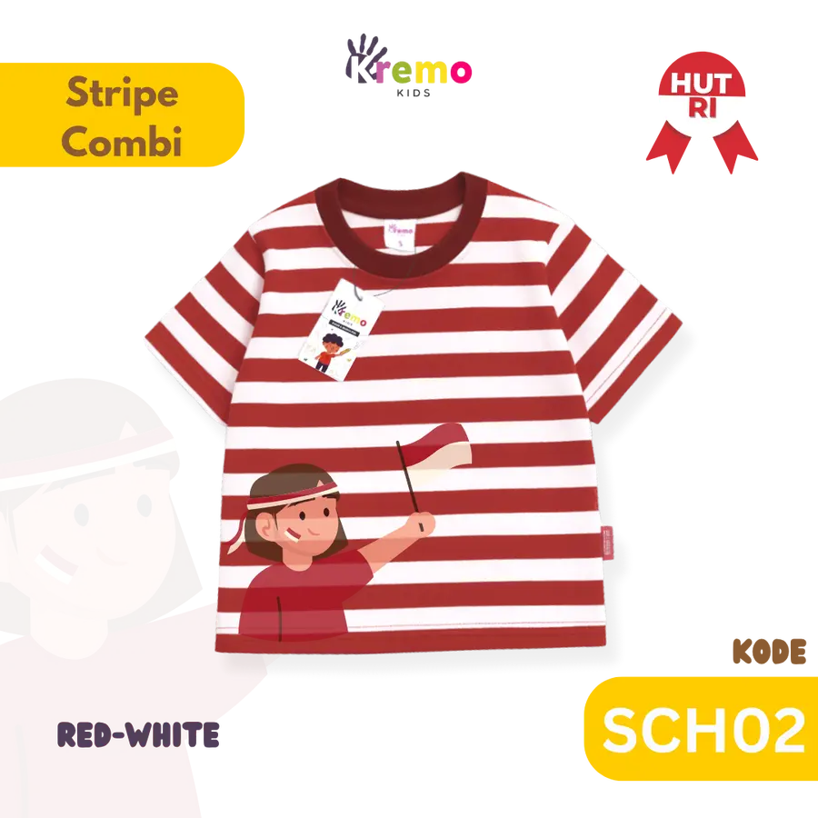 SCH02- Kaos Pendek Salur/Stripe Combi (HUT RI) [Varian: S / Black-White]