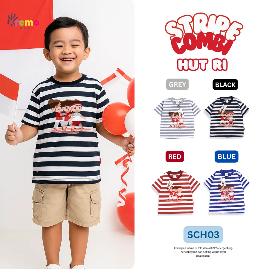 SCH03- Kaos Pendek Salur/Stripe Combi (HUT RI) [Varian: S / Black-White]
