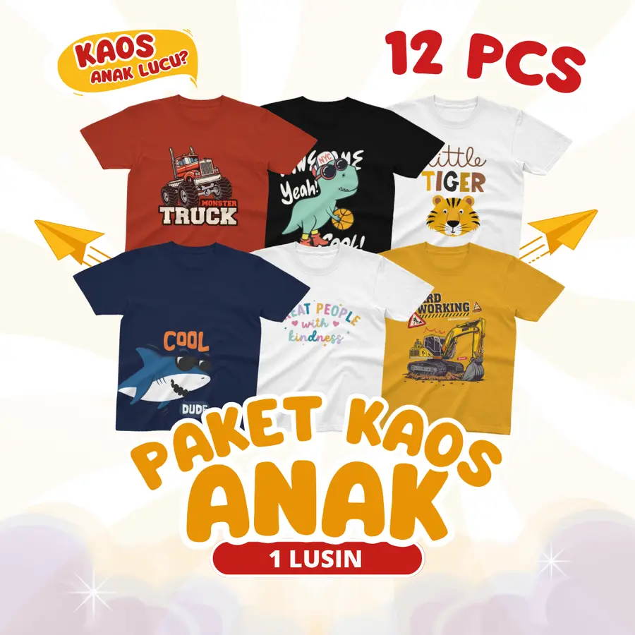 Paket 1 Lusin Kaos Anak Lengan Pendek Cotton 30s [Varian: SIZE KIDS]