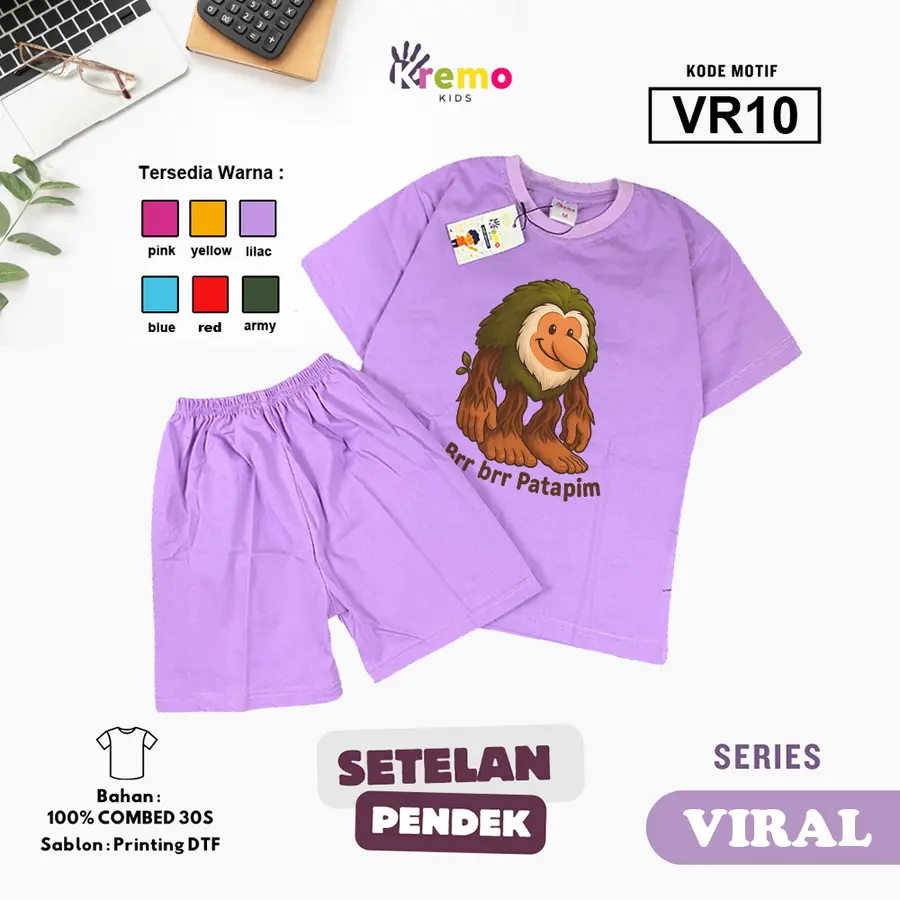 VR10 - Setelan Kids Combed 30s Pendek [Varian: S (3-4 y) / Army]