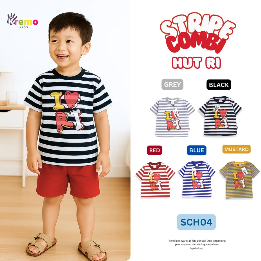 SCH04- Kaos Pendek Salur/Stripe Combi (HUT RI) [Varian: S / Black-White]
