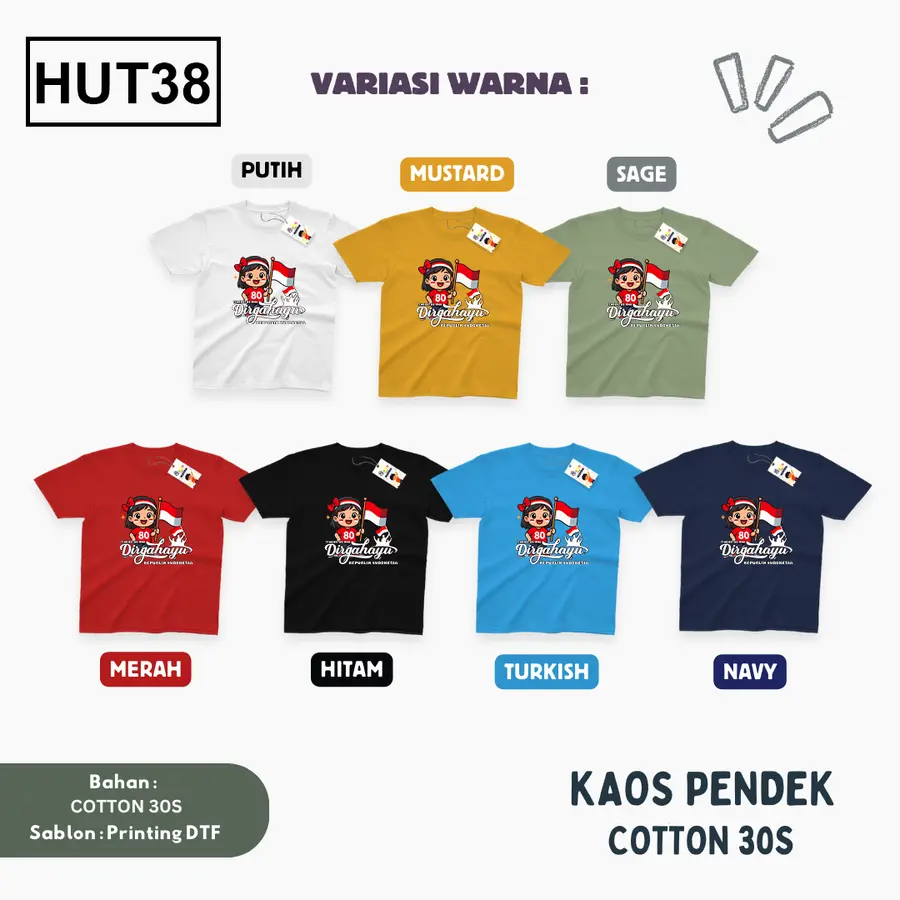 HUT38 - Kaos Kids/Junior Cotton 30s Pendek [Varian: S Kids (1-2 y) / Biru Turkish]