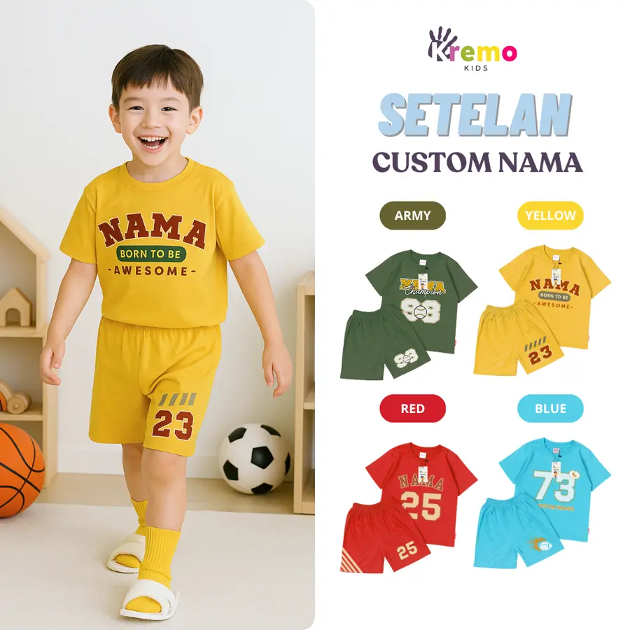 (CUSTOM NAMA & ANGKA SERIES) Setelan Kids Combed 30s Pendek [Varian: S (3-4 y) / Army]