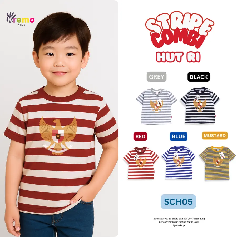 SCH05- Kaos Pendek Salur/Stripe Combi (HUT RI) [Varian: S / Black-White]