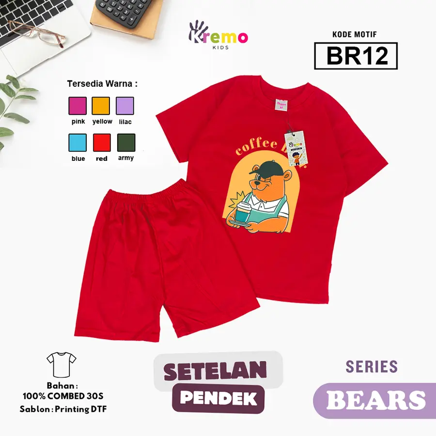 BR12 - Setelan Kids Combed 30s Pendek [Varian: S (3-4 y) / Army]