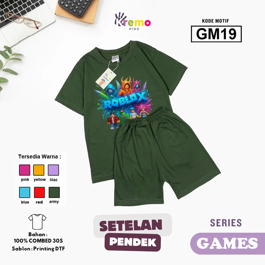 GM19 - Setelan Kids Combed 30s Pendek [Varian: S (3-4 y) / Army]