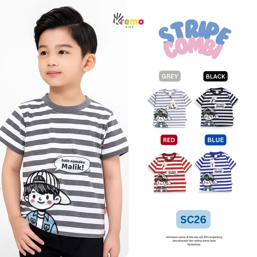 SC26 - Kaos Pendek Salur/Stripe Combi CUSTOM NAMA (KONFIRMASI ADMIN) [Varian: S / Black-White]