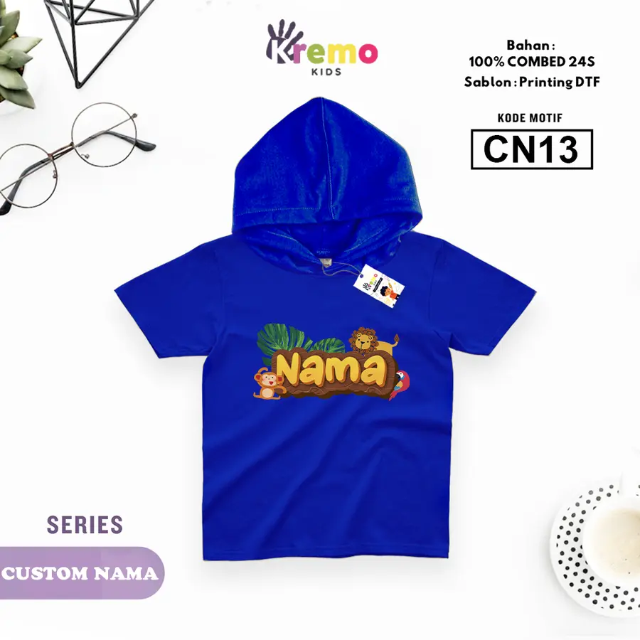 CN13 - Hoodie Kids Combed 24s Pendek (CUSTOM NAMA) [Varian: S (3-4 y) / Biru]