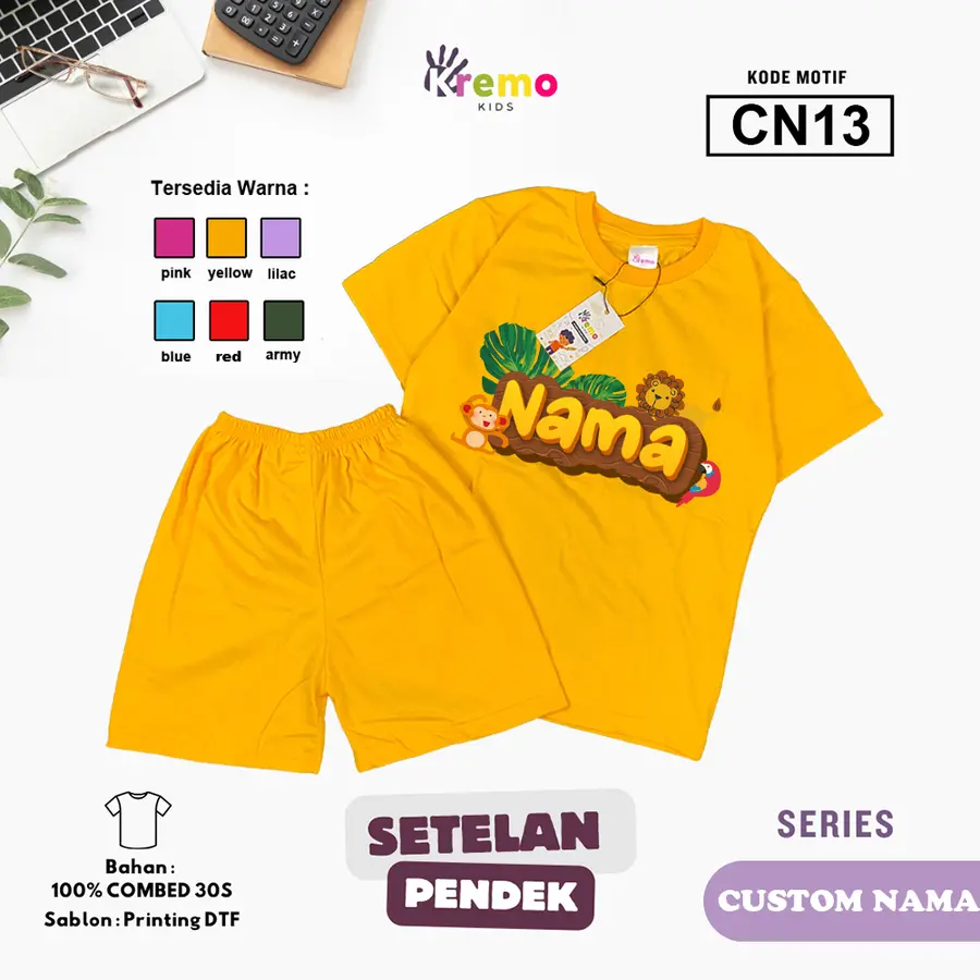 CN13 - Setelan Kids Combed 30s Pendek (CUSTOM NAMA) [Varian: S (3-4 y) / Army]