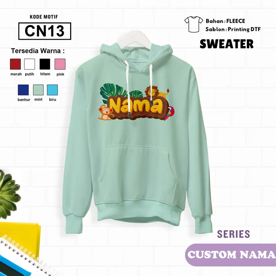 CN13 - Sweter Kids Fleece Panjang (CUSTOM NAMA) [Varian: L (5-6 y) / Biru]
