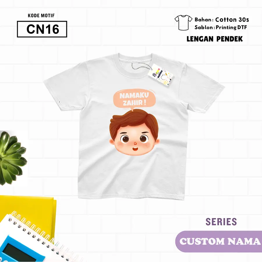 CN16 - Kaos Kids/Junior Cotton 30s Pendek (CUSTOM NAMA) [Varian: S Kids (1-2 y) / Biru Turkish]