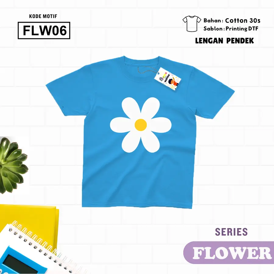 FLW06 - Kaos Kids/Junior Cotton 30s Pendek [Varian: S Kids (1-2 y) / Biru Turkish]