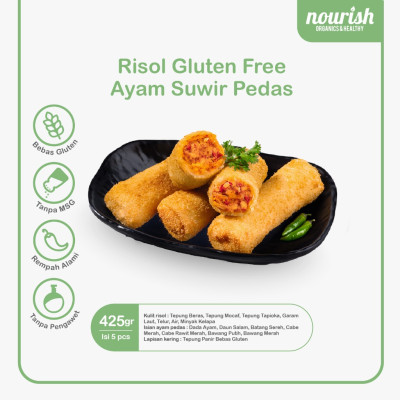 Homemade Risol Frozen Nourish Kitchen - Bebas Gluten, Tanpa MSG, Tanpa Pengawet, Rempah Alami 425 gr (isi 5) - Ayam Suwir Pedas